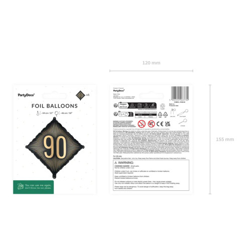 Čierny fóliový balón 90 s zlatým nápisom, 46×46 cm